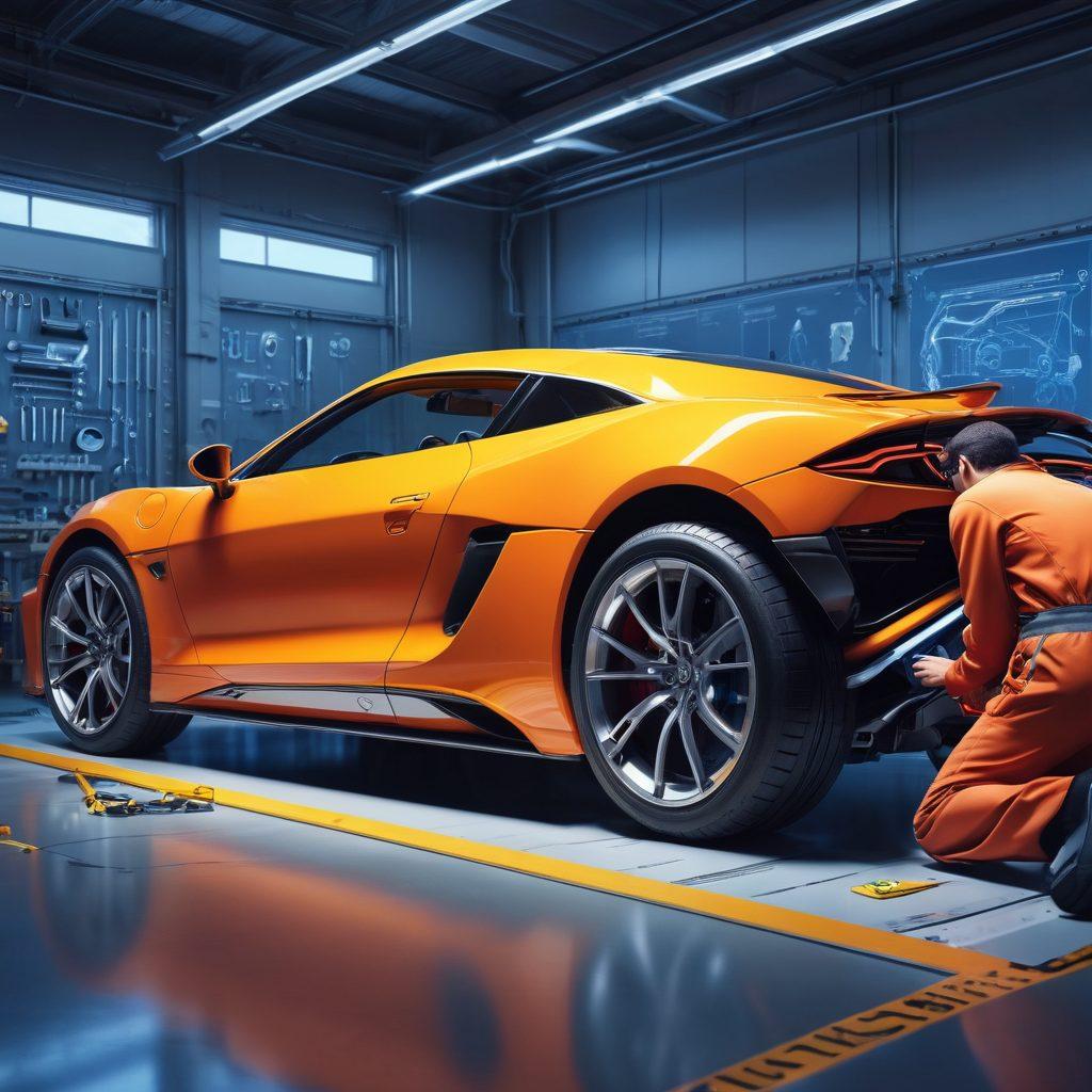 A sleek, modern car being upgraded in a vibrant workshop, showcasing various high-tech tools and automobile frames. Include a mechanic in coveralls inspecting a new frame piece, with hints of innovative design elements scattered around. The background features a futuristic feel with glowing lights and automotive blueprints on the walls. The atmosphere conveys excitement and transformation in the automotive world. super-realistic. vibrant colors. dynamic perspective.