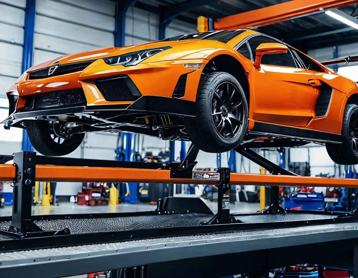 A close-up view of a modern vehicle frame, showcasing intricate enhancements such as lightweight materials and dynamic structural designs. Include tools and components used for vehicle frame upgrades scattered around, along with a mechanic at work in a workshop setting. The background should feature a bright, well-lit garage with automotive posters and banners for added context. super-realistic. vibrant colors. 3D.