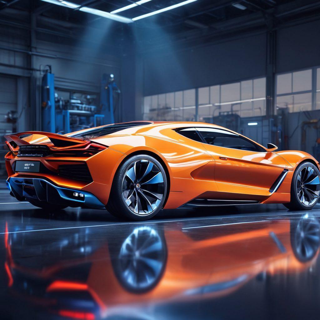 A sleek, futuristic car design showcasing innovative frame structures that emphasize both performance and aesthetic appeal. The backdrop features a dynamic automotive workshop with advanced technology and tools. Bright lights illuminate the intricate details of the car's body, while a blueprint overlay hints at engineering innovations. The composition conveys speed and cutting-edge design. super-realistic. vibrant colors. high-tech background.